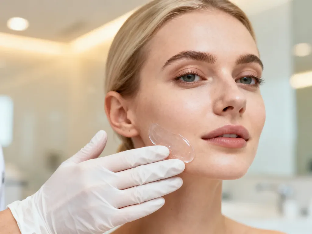 Dermatolog aplikuje profesjonalny preparat złuszczający na twarz pacjentki podczas zabiegu peelingu chemicznego w klinice.
