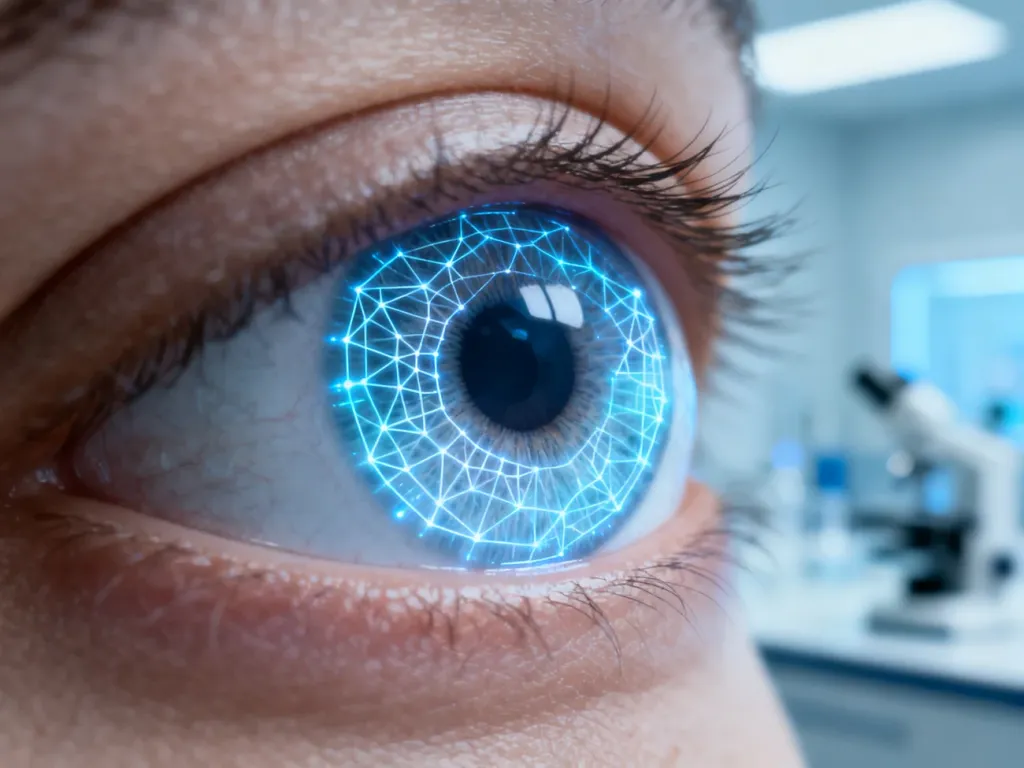 Cyfrowe obrazowanie dna oka z nałożoną siatką diagnostyczną, obrazujące proces badania retinopatii cukrzycowej.