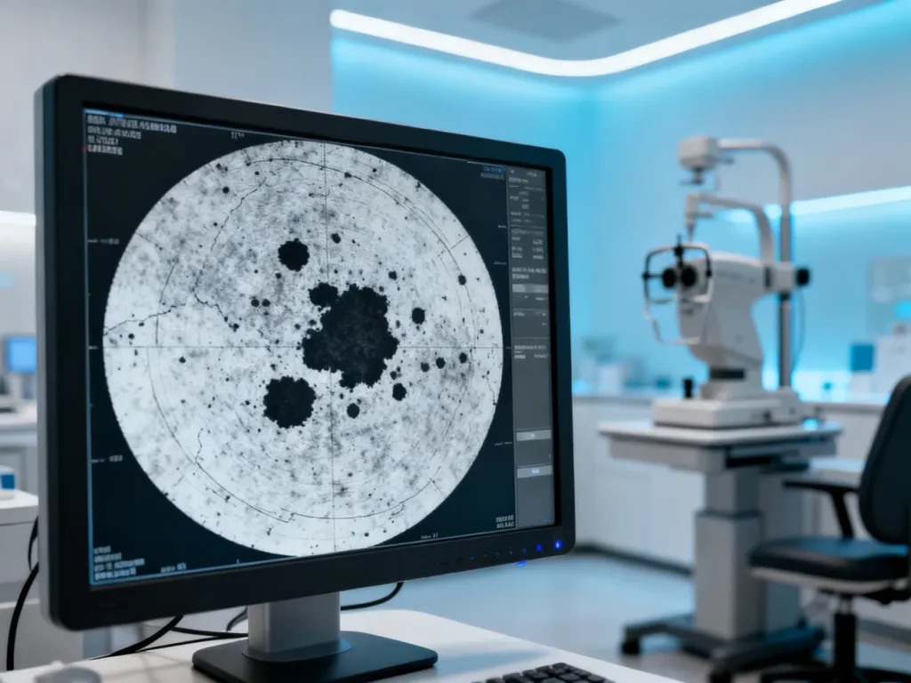 Ekran diagnostyczny z wynikami badania pola widzenia, ukazujący mapę perymetryczną z obszarami utraty wzroku.