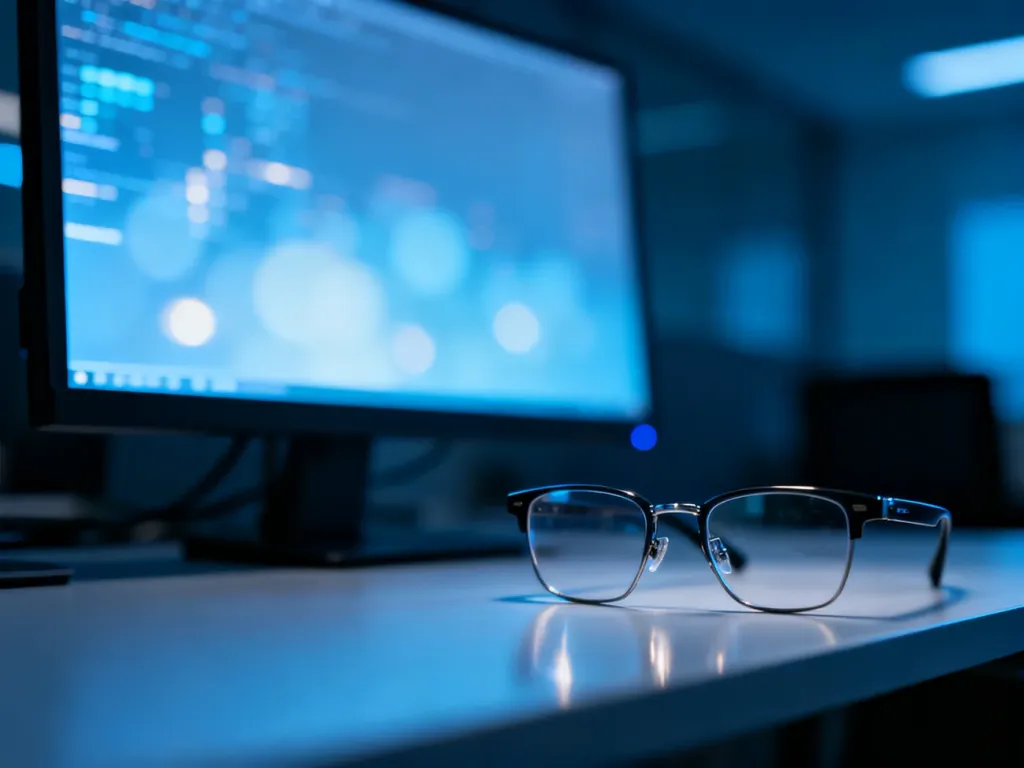 Okulary korekcyjne leżące na biurku przed włączonym monitorem komputerowym w przyciemnionym biurze.