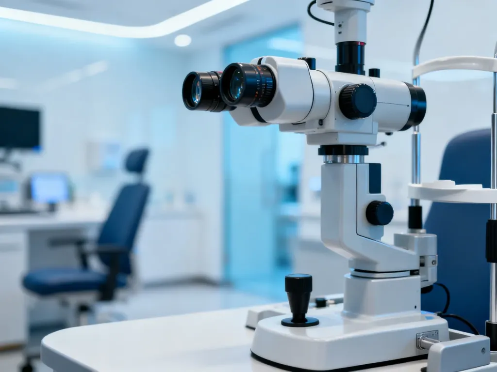 Nowoczesna lampa szczelinowa w gabinecie okulistycznym, wykorzystywana do precyzyjnej diagnostyki chorób rogówki.