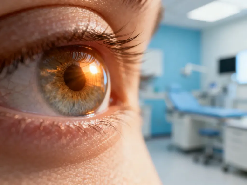 Zbliżenie na ludzkie oko z wyraźnie widoczną tęczówką, symbolizujące diagnostykę okulistyczną i zdrowie wzroku.