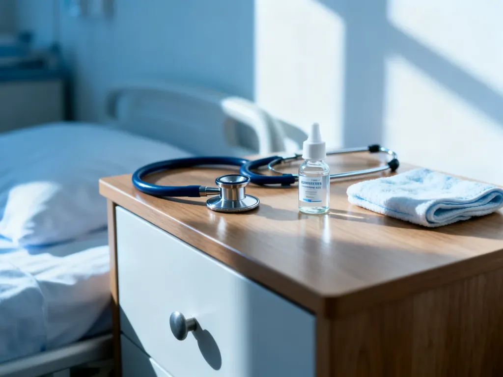 Stetoskop, krople do oczu i kompres na drewnianym stoliku w gabinecie lekarskim, symbolizujące diagnostykę i leczenie infekcji.