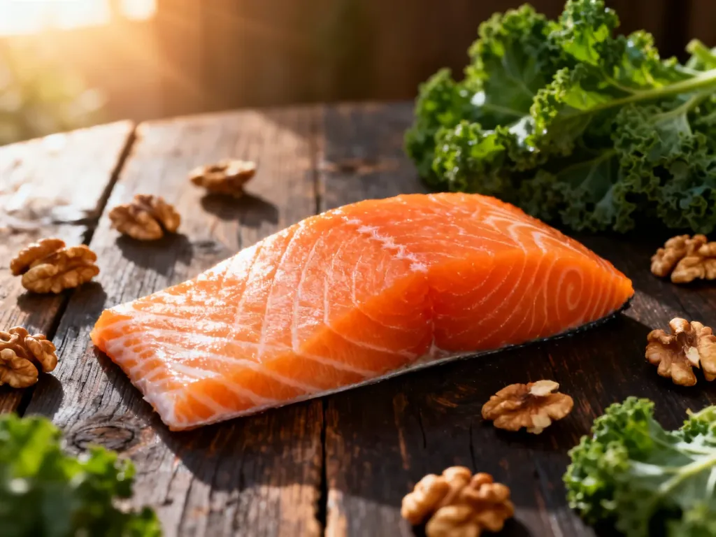 Surowy filet z łososia w otoczeniu orzechów włoskich i jarmużu, podkreślający bogactwo kwasów omega-3 w zdrowej diecie.