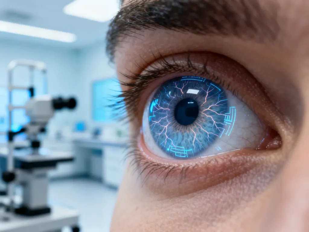 Szczegółowy widok ludzkiego oka z uwidocznionymi naczyniami krwionośnymi siatkówki w profesjonalnej diagnostyce okulistycznej.