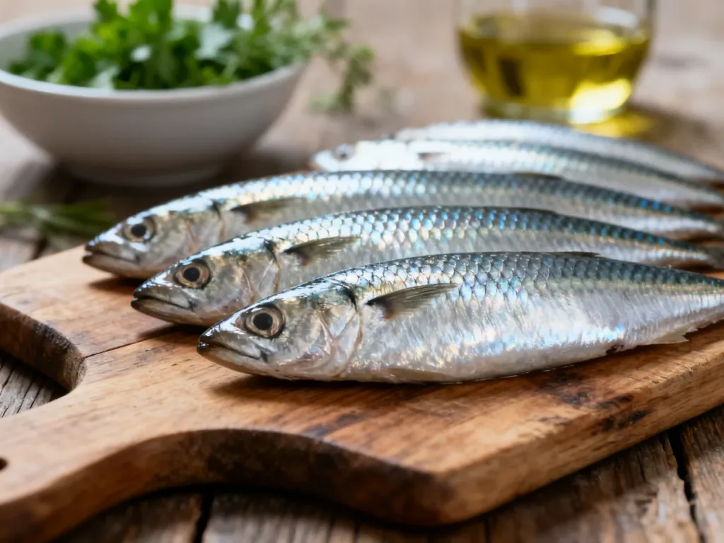 Świeże sardynki ułożone na drewnianej desce, podkreślające ich naturalne bogactwo kwasów omega-3 dla zdrowia oczu.