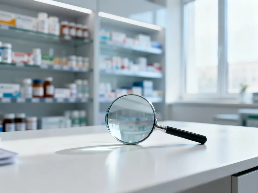 Lupa na biurku w gabinecie lekarskim, symbolizująca profesjonalną diagnostykę chorób oczu i infekcji.