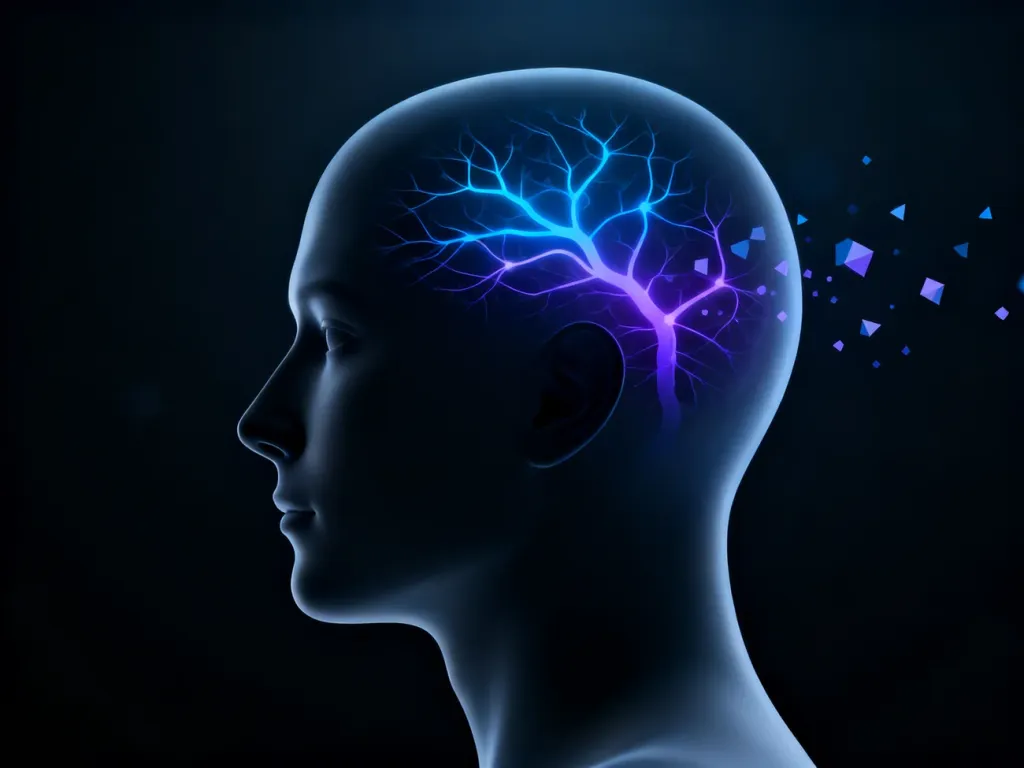Stylizowany profil ludzkiej głowy z wizualizacją wewnętrznego ucisku i zaburzeń neurologicznych w formie świetlnych ścieżek.