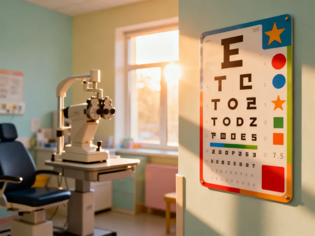 Kolorowa tablica z kształtami do badania wzroku w przyjaznym gabinecie okulisty dziecięcego.