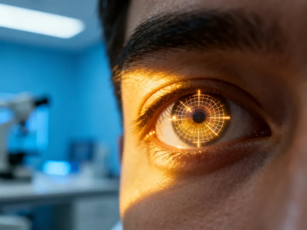 Oko ludzkie z cyfrową siatką na siatkówce, symbolizujące nowoczesną diagnostykę retinopatii cukrzycowej.