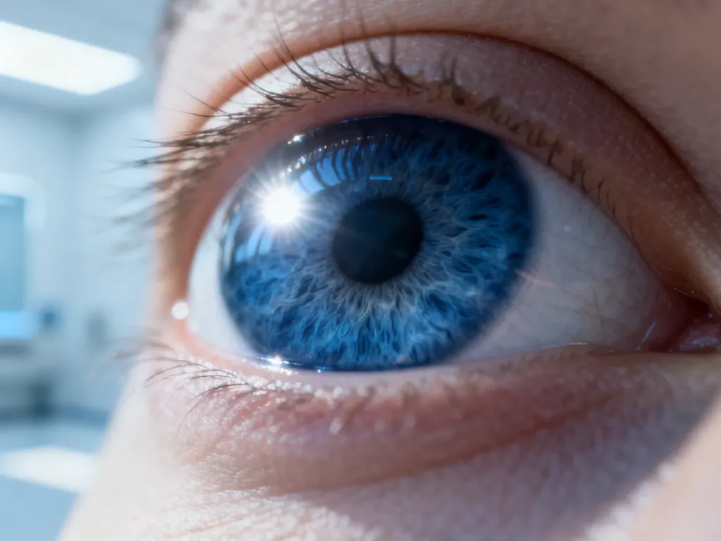 Zbliżenie na niebieską tęczówkę ludzkiego oka w wysokiej rozdzielczości, symbolizujące precyzyjną diagnostykę okulistyczną.