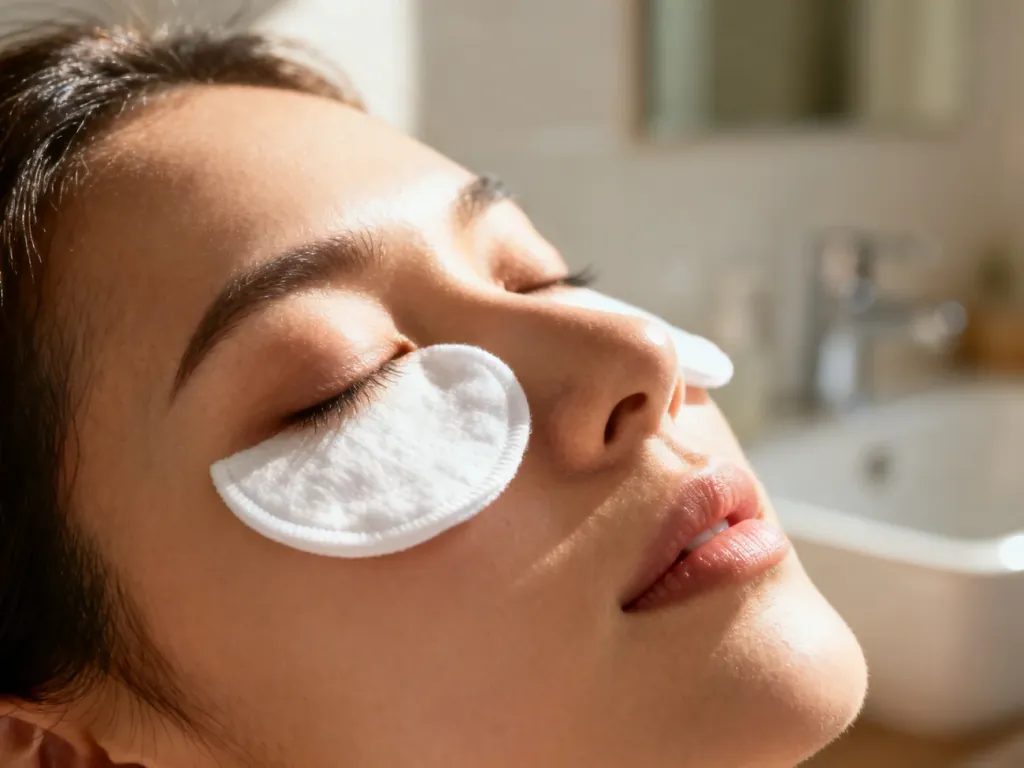Białe płatki kosmetyczne na zamkniętych powiekach w relaksującej atmosferze domowego spa.