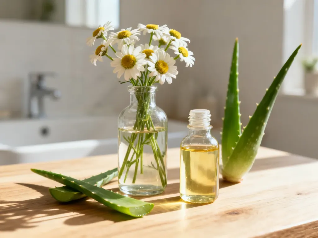 Składniki naturalnych kosmetyków, takie jak rumianek i aloes, na drewnianym blacie w jasnej, minimalistycznej łazience.