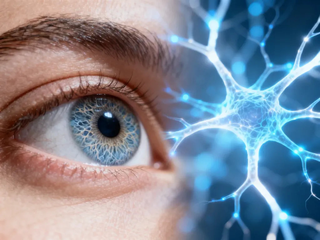 Zbliżenie na ludzką tęczówkę na tle abstrakcyjnych ścieżek neuronalnych, symbolizujące diagnostykę neurologiczną.