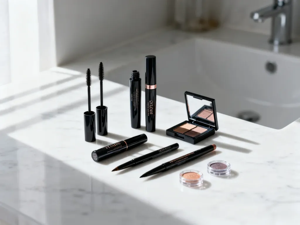 Elegancko ułożone kosmetyki do makijażu oczu na marmurowym blacie, prezentujące sposób na estetyczne przechowywanie produktów.
