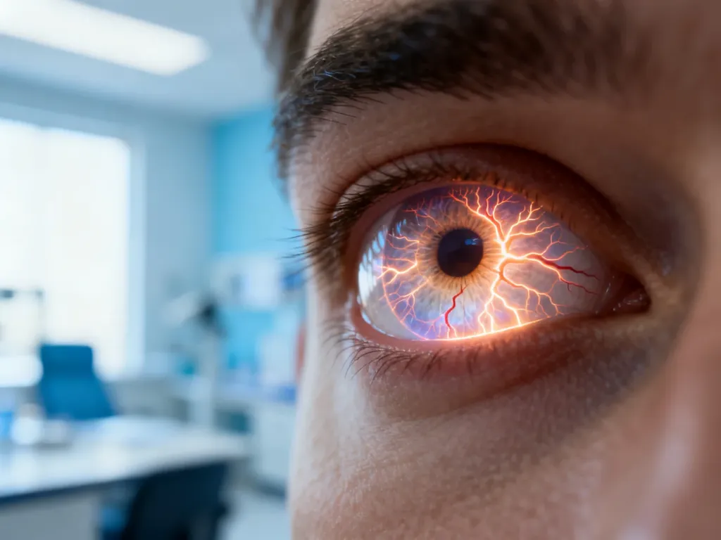 Zbliżenie na ludzkie oko z cyfrową wizualizacją naczyń krwionośnych siatkówki, obrazujące diagnostykę retinopatii cukrzycowej.