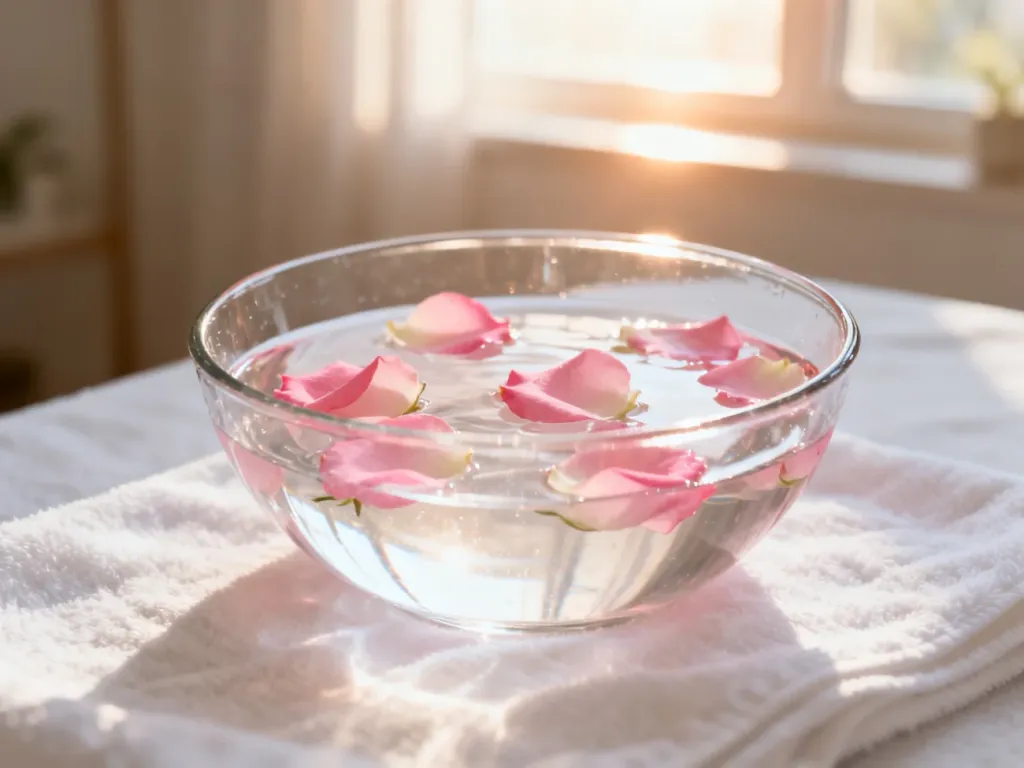 Szklana miseczka z wodą różaną i płatkami róż na lnianym ręczniku, tworząca kojącą atmosferę w stylu spa.