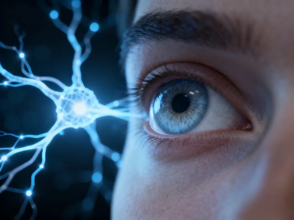 Zbliżenie na ludzkie oko z widocznym w tle świecącym nerwem wzrokowym, symbolizujące połączenia neurologiczne.