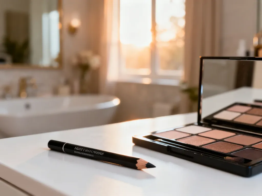 Czarna kredka typu kohl leżąca obok palety cieni na toaletce, gotowa do wykonania makijażu linii wodnej oka.