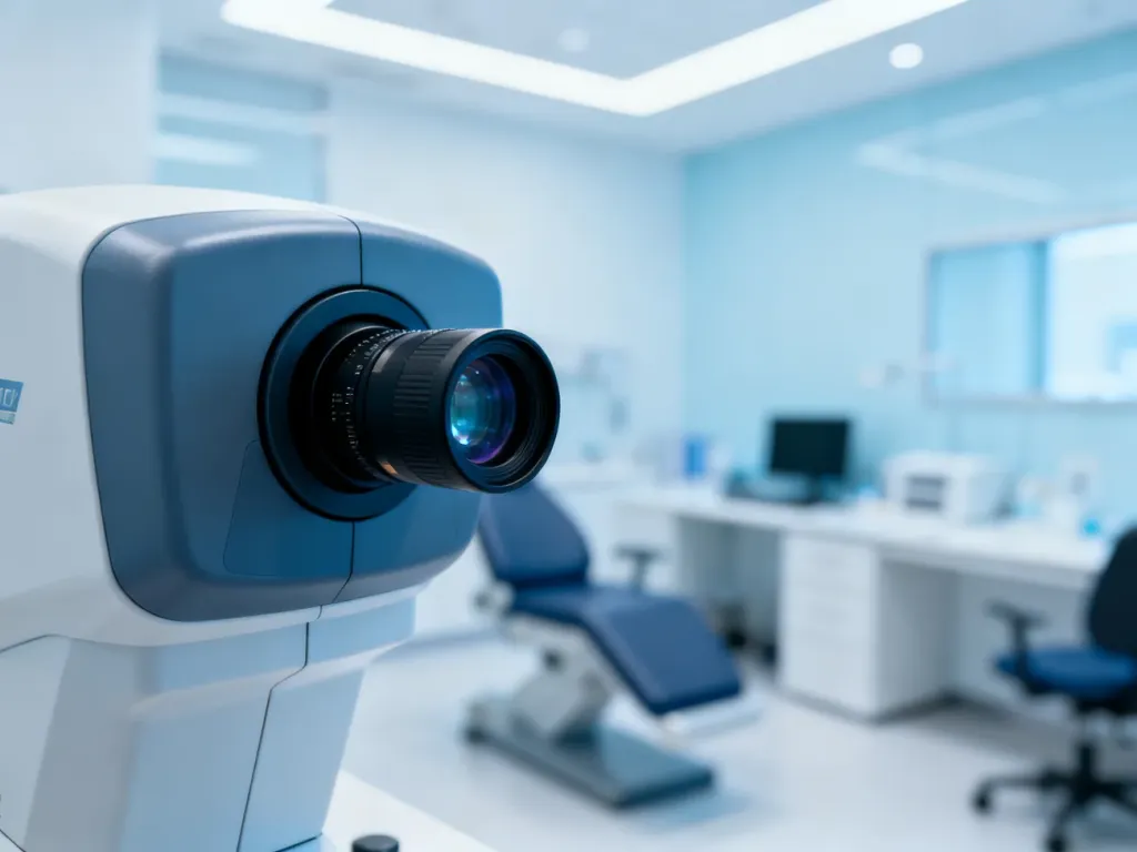 Nowoczesny skaner do badania OCT w profesjonalnym gabinecie okulistycznym. Urządzenie diagnostyczne w sterylnym wnętrzu.