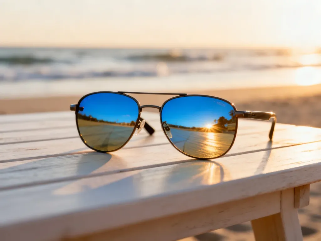 Okulary przeciwsłoneczne z polaryzacją leżące na drewnianym stole na tle słonecznej plaży.
